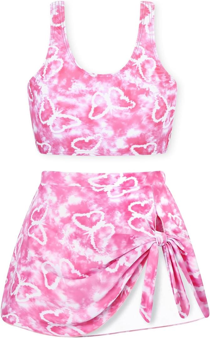 Girls Two Piece Tankini Swimsuit with Skirt Summer Bathing Suit with Chest Pad Swimwear, Size 15-16 Years