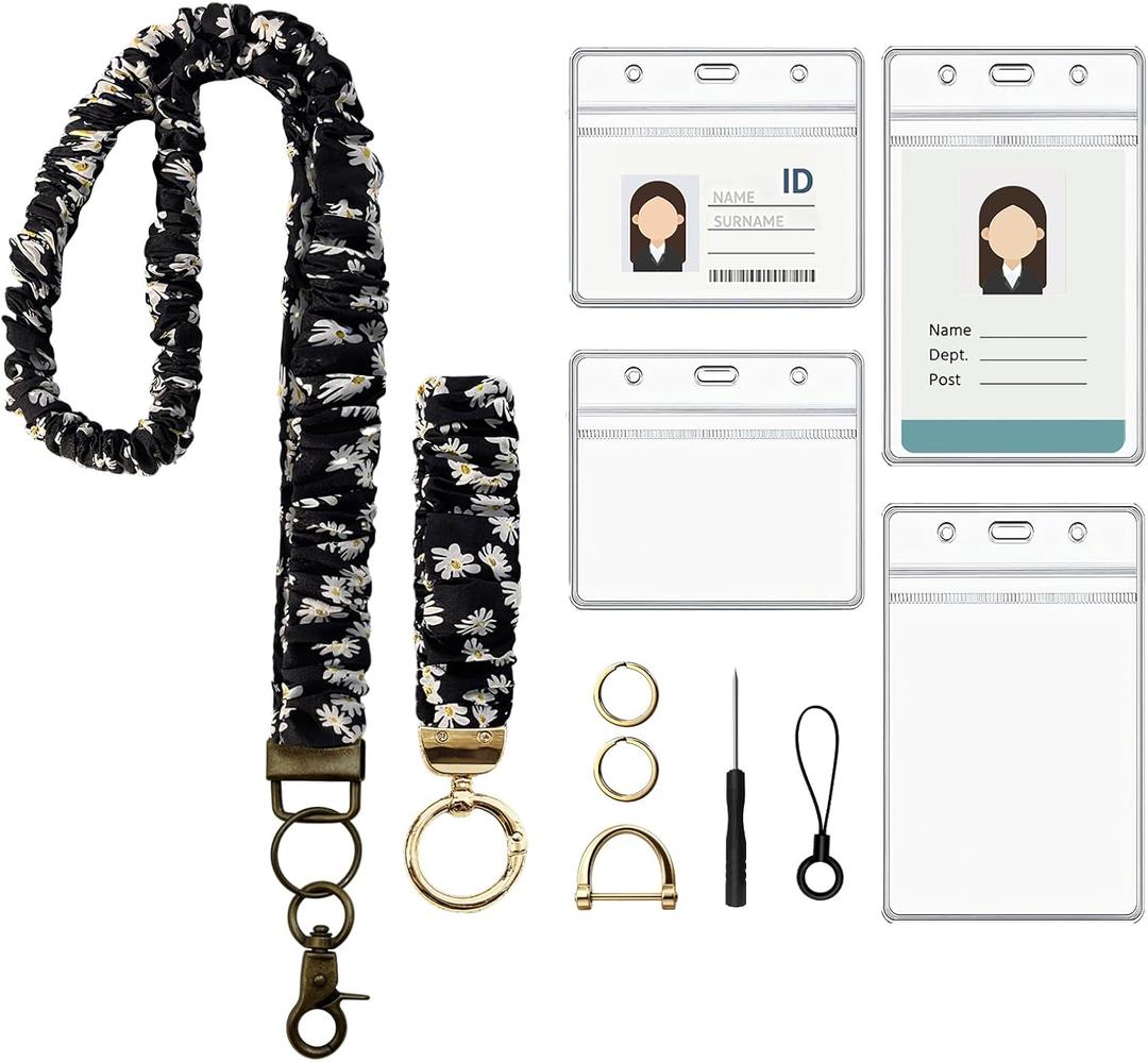 Stretchy Scrunchie Lanyard for Id Badges, Cute Teacher Lanyard Keychain Wristlet with 4 Id Holders for Women,Nurses (Black Floral)