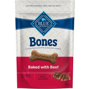 Blue Buffalo Bones Natural Crunchy Dog Treats Large Dog Biscuits Beef, 16oz. Bag, 4 Count, Best By: 2027/Mar/15