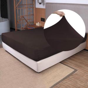 Queen Size Fitted Sheet Only - 4-Way Stretch Jersey Knit, T-Shirt Feeling & Ultra Soft, Wrinkle Free, Non-Slip & Snug Fit for Mattress (Deep: 5"-16") - Brown, Queen (Queen/Short Queen/Queen XL)