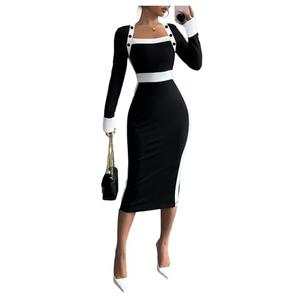 SOLY HUX Women's Long Sleeve Square Neck Bodycon Elegant Midi Dress Pencil Cocktail Party Dresses (Black and White, Medium)