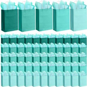 Kolldenn 50 Set Teal Blue Gift Bags with Tissue Paper 8.27 x 5.91 x 3.15 Inch Small Paper Bags with Handles Thank You Gift for Baby Shower Bridal Shower Wedding Party Favors Goodies