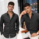 Men's Stretch Denim Dress Shirt Long Sleeve Casual Button Down Everyday Shirts Fall Winter Wedding Shirts (Black, L)