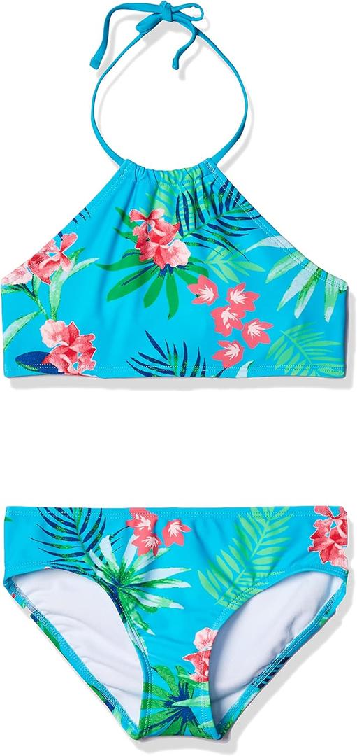 Kanu Surf Girls Mahina UPF 50+ Beach Sport Halter Bikini 2-Piece Swimsuit (Leonie Floral Aqua)