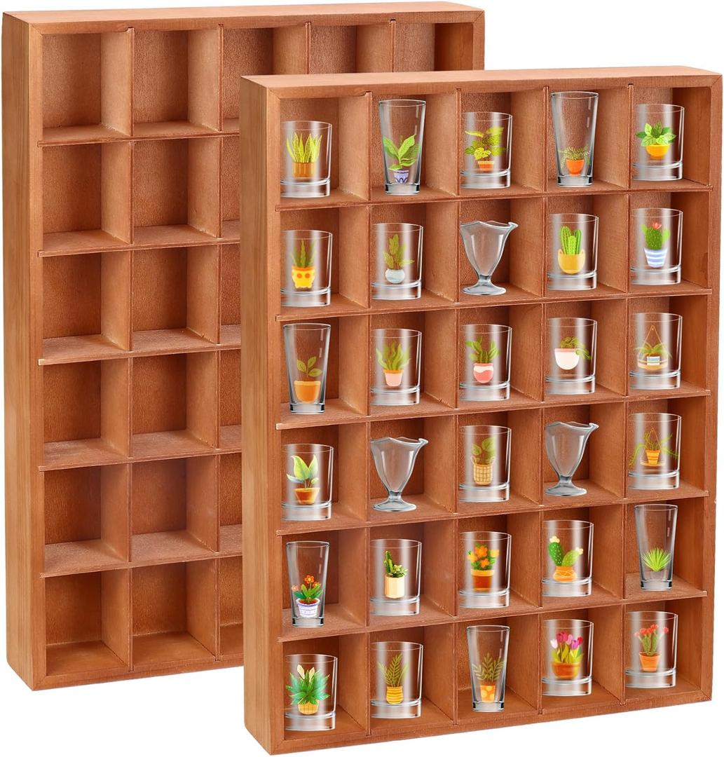 2 Pcs Shot Glass Display Case, Brown Wooden Shot Glass Shelf with Removable Shelves, Wall Mounted Shadow Box Thimble Display Case, 30 Slots