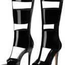 FancyQueen Platform Knee High Heels for Women, Gladiator Open Toe Summer Boots Black Heels Sandal, Sexy Style Casual for Party (Black) 8, Black Patent