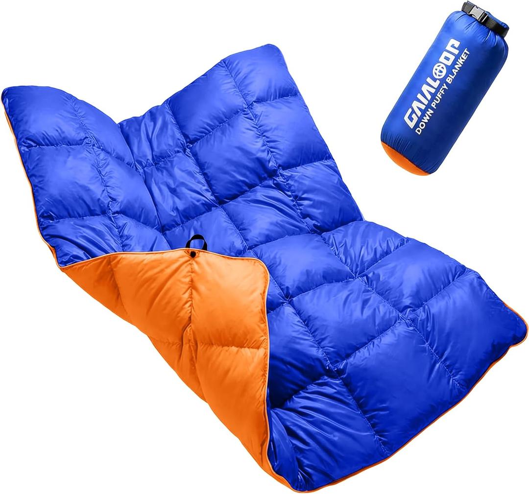 Down Puffy Blanket for Car Camping Outdoor Travel Backpacking, Duck Down Lightweight Portable Soft Warm Cozy Camping Blanket Quilt, 53"x78", Lake Blue