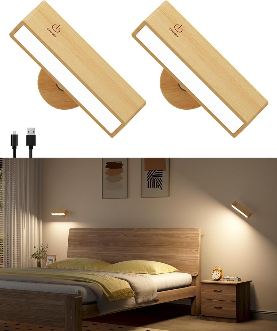 Battery Operated Wall Sconces Set of 2,Rechargeable Wall Lights Wood,Stick On Wall Lights for Bedroom,Wall Mounted Bedside Reading Lamps Dimmable,Battery Powered Wall Lamp for Bedroom
