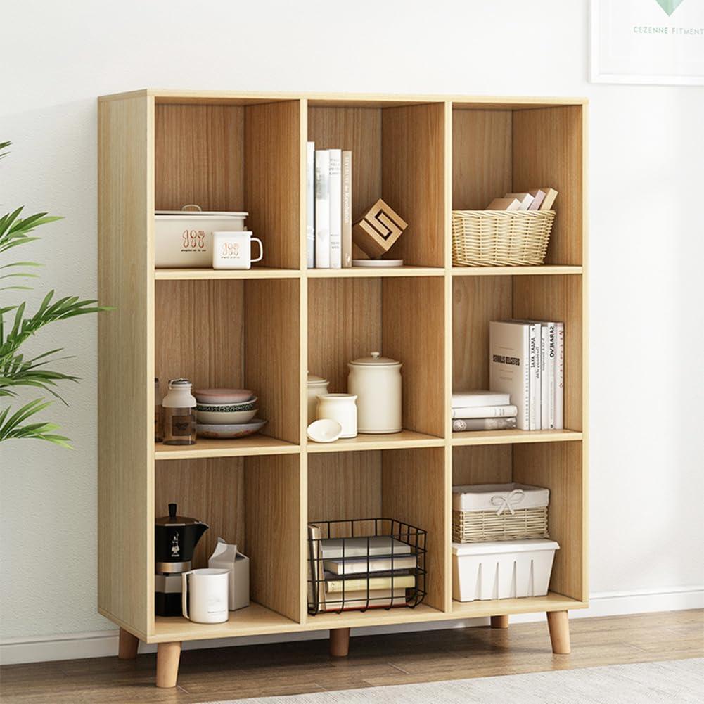IOTXY Open Cube Low Bookcase - 3-Tier Freestanding Storage Display Cabinet Organizer with Legs for Home Office, 9-Cubes Open Shelf Short Bookshelf, Oak