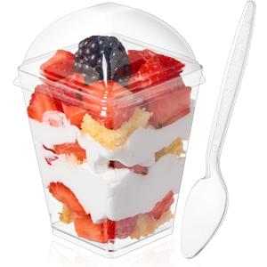 5oz Plastic Dessert Cups with Dome Lids and Spoons, 50 Pack Mini Clear Parfait Cups Square Party Serving Cup for Pudding, Appetizer, Fruit and Ice Cream
