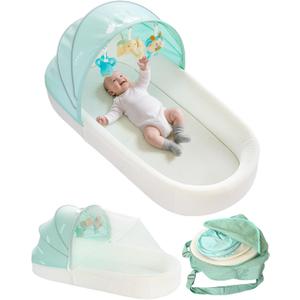 Portable Newborn Nest Lounger-Travel Bassinet,XL co-Sleeper with Canopy & Mosquito Net-Lightweight Foldable Lounger Cotton Cover & Supportive Mattress and Washable, Indoor-Outdoor Use (Green)