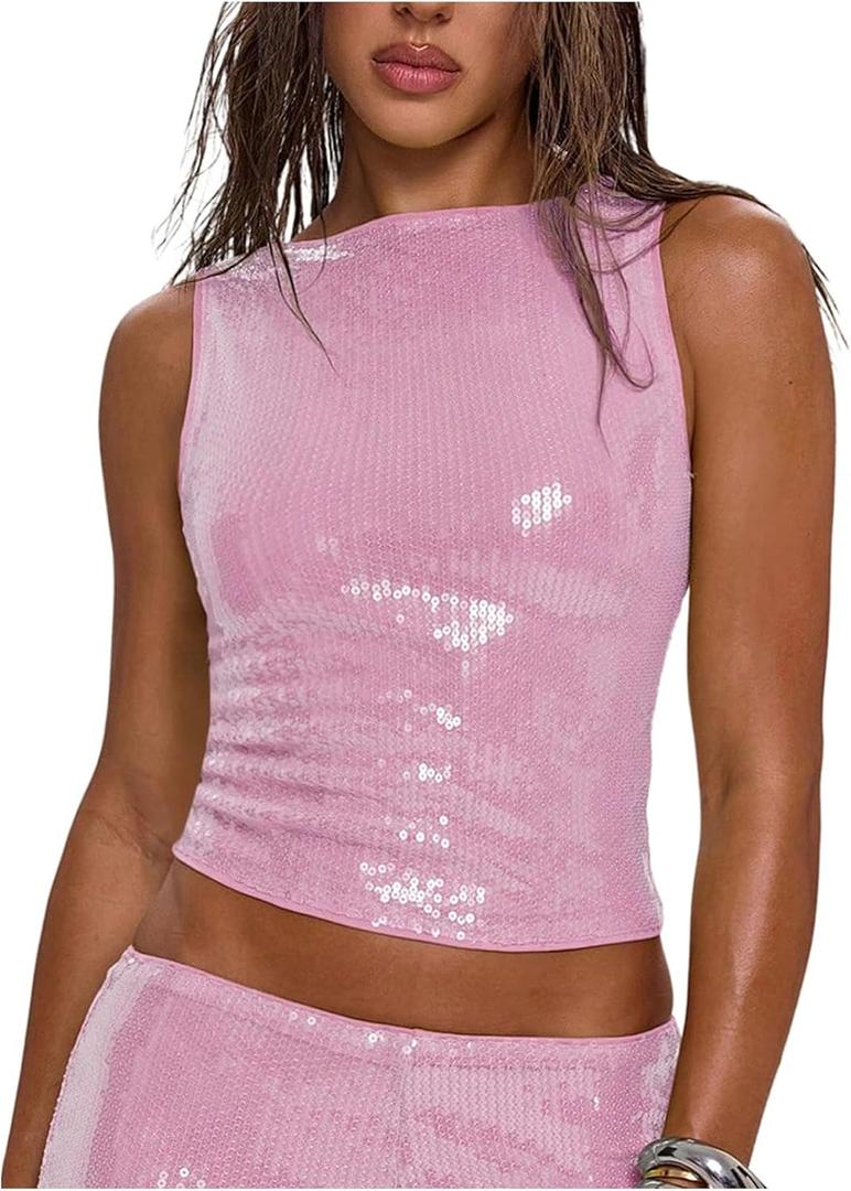 MakeMeChic Women's Sparkly Sequin Tops Y2k Sleeveless Crop Going Out Rave Tops Clubwear (Large, Pink)