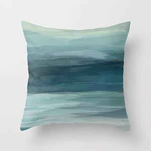Seafoam Green Mint Navy Blue Abstract Ocean Art Painting Flax Cotton Hidden Zipper Throw Pillow Covers 20x20 in (Two Sides) (14)