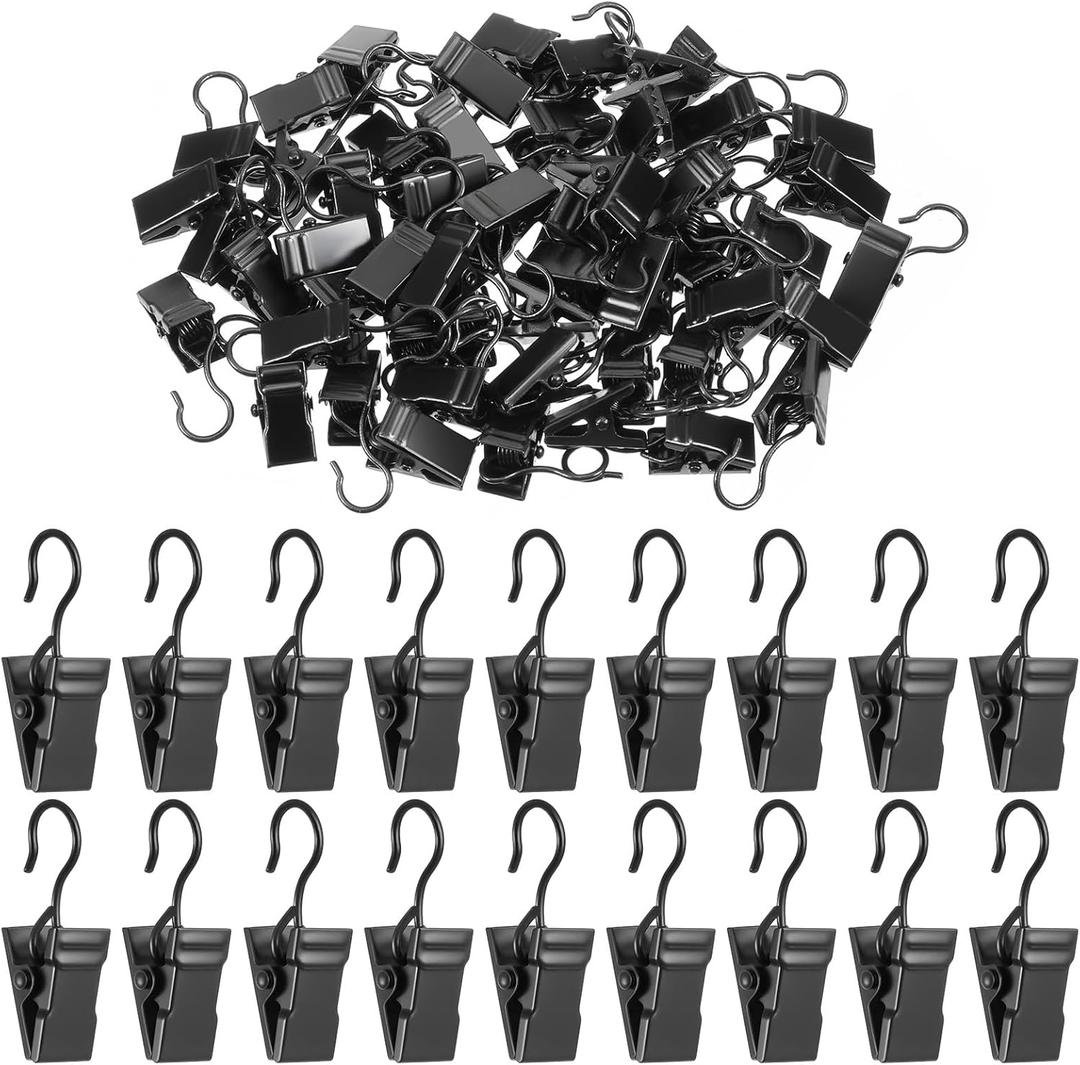 200 Pack Curtain Clips Hooks, Stainless Iron Small Clips for Hanging, Curtain Hooks with Clip for Hanging Party String Lights, Christmas Courtyards Decoration, Art Craft Display(Black)