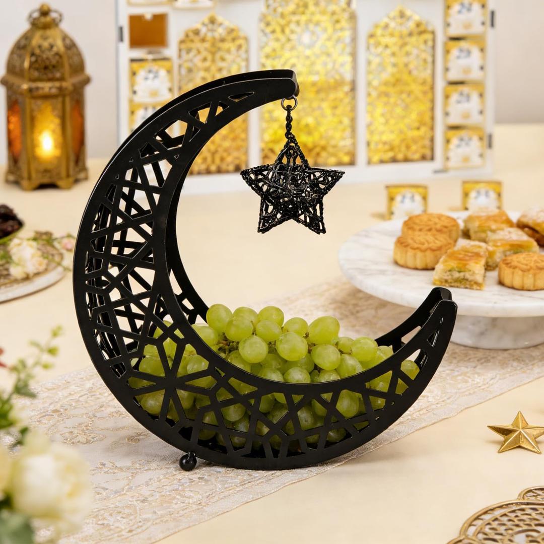 Ramadan Decoration Ramadan Trays, Metal Eid Mubarak Plates Moon Star Serving Trays Food Storage Containers Dinner Plate Dessert Platters Crescent Display Tray Holder for Eid Party Favor (Black)