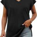 SAMPEEL Womens Summer Tops 2025 Cap Sleeve Trendy V Neck Loose Fit T Shirts (Black, L)