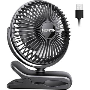 HONYIN 720 Rotation Small Desk & Clip on Fan with Sturdy Clamp, 3 Speeds, Quiet Little Personal Cooling Fan by USB Plug In, for Bedroom Office Desktop Treadmill (Black)