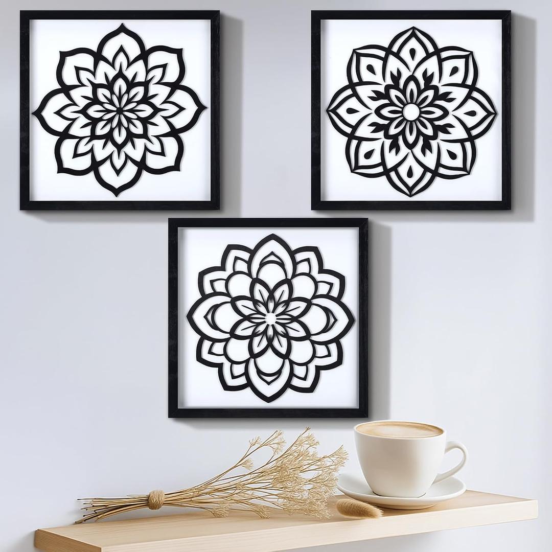 Kathfly 3 Pieces 3D Vintage Black Floral Wall Art, Wooden Framed Boho Wall Decor Dark Textured Farmhouse Ready-to-hang Gift Set for Bathroom Bedroom Office