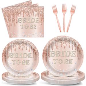 96Pcs Bridal Shower Party Decorations Rose Gold Themed Tableware Bride to Be Paper Plates Napkins Pink Bride to Be Dinnerware Party Supplies for Bachelorette Bridal Wedding Engagement Serves 24 Guests