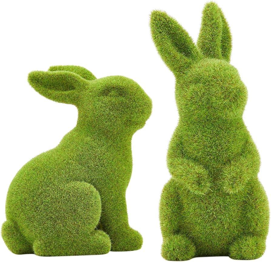 GatheringRain Easter Bunny Decorative Ornament Garden Decoration Artificial Green Moss Rabbit Sculpture Easter Decoration Party Gifts Baking Table and Home Decoration (Small 2PCS Standing+Sitting)