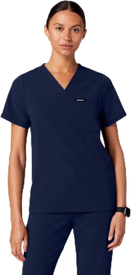JAANUU Rhena Women's V-Neck 1-Pocket Scrub Top Soft UltraLAST Fabric, Stretch, Wrinkle & Fade Resistant Medical Scrub Top (Blue, M)