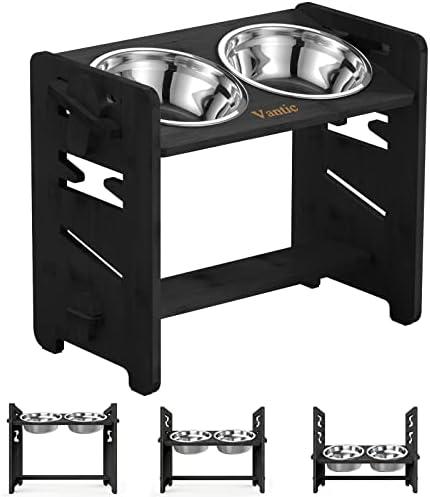Vantic Elevated Dog Bowls, Adjustable Raised Dog Bowl Stand for Medium Sized Pet, Sturdy Bamboo Food Feeder with 2 Stainless Steel Dishes, Black