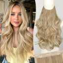 KooKaStyle Invisible Wire Hair Extensions Long Straight Layered Synthetic with Transparent Headband Adjustable Size 6 Secure Clips Hairpieces for Women(20 Inch, H1860A#Beige Blonde)