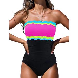popvil One Piece Swimsuits for Women Tummy Control Strapless Bathing Suits Neon bandeau swimwear, Removable straps, Color block, Moderate bottom coverage, Beach, Pool, Cruise and vacation, M