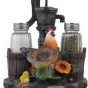 Farm Chicken and Old Fashioned Water Pump Glass Salt and Pepper Shaker Set with Holder Figurine in Country Kitchen Rooster Decor, Sculptures and Statues and Rustic Gifts for Farmers