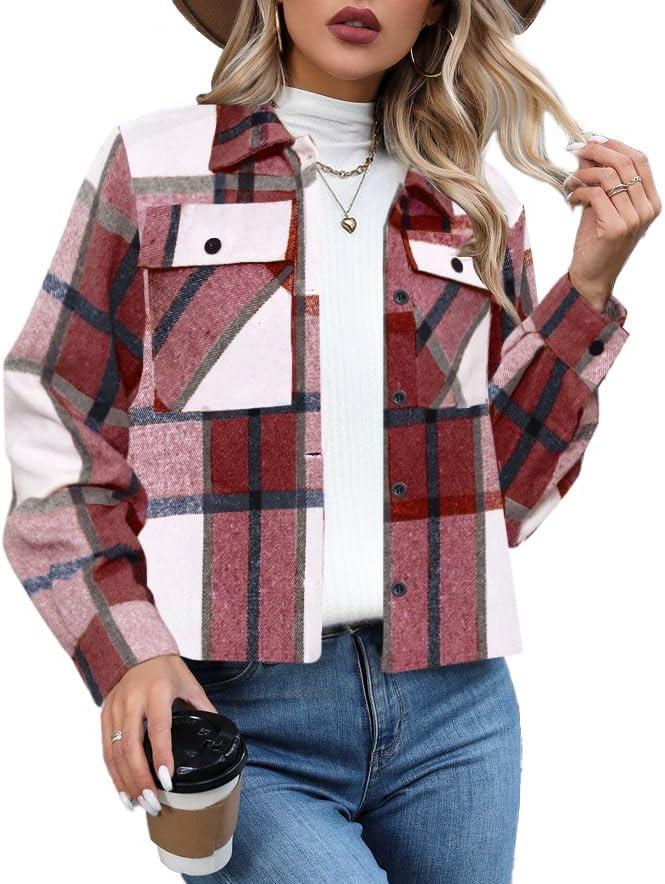 Womens Cropped Flannel Shacket Plaid Button Down Shirts Jackets Long Sleeve Coat Tops Fall Clothes Fashion Outfits (M)