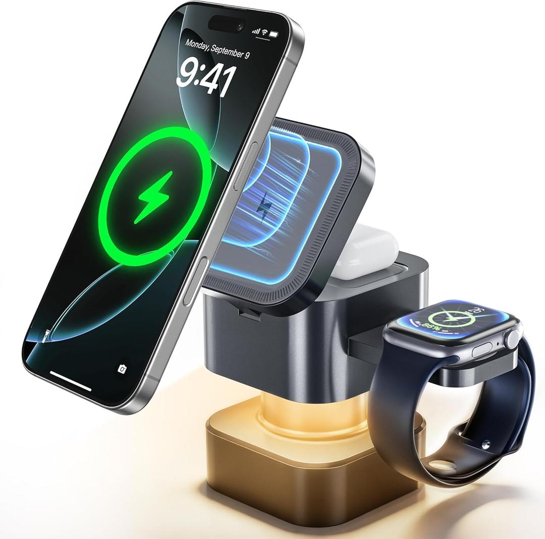 2026 4 in 1 Wireless Charging Station for Apple Compatible with Mag-safe Charger, 15W Fast Magnetic Charger for iPhone 17 16 15 14 13 12 Pro Max Plus, Apple Watch Ultra 11/10/9 SE & AirPods Pro (Gray)