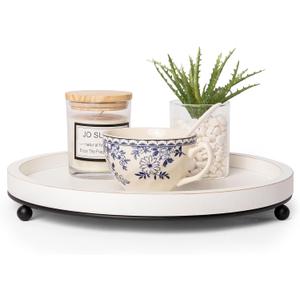 GENMOUS 12in Decorative Tray - White Wood Iron Bead Round Tray for Coffee Table, Rustic Farmhouse Centerpiece for Living Room, Kitchen Table Dining Decor