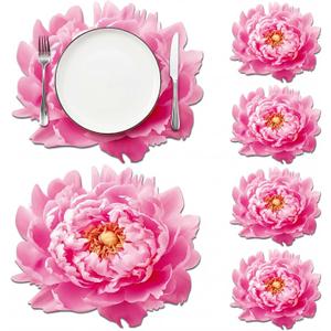 Remerry Leather Pink Peony Flower Placemat Set of 6 Green Palm Leaf Place Mats Lily Flower Table Place Heat Resistant Washable Non-Slip Dinner Mats for Spring Summer Party Kitchen Home Decors(Peony)