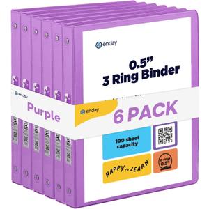 Enday 1/2 inch Binder 3 Ring Binder (6 Pack - Purple) O-Ring Binder with Clear View Cover and 2 Inside Pocket - for Letter Size 8.5 x 11'' Paper, Ideal for School Supplies, Office, and Home