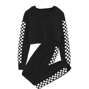 Girls Clothes Set Kids Crop Top + Plaid Pants Outfits Tracksuit Hooded Sweatshirt Sweatpants 2 PC, 130
