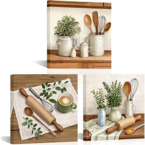 OuElegent Farmhouse Kitchen Wall Art Set, 3 Piece Canvas Prints with Rustic Vintage Kitchenware, Botanical Decor for Home and Dining Room