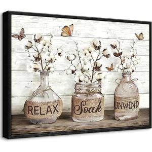 Black Framed Farmhouse Bathroom Wall Art - Rustic Cotton Flower Vase Relax Soak Unwind Canvas Prints, Butterfly Floral Wall Decor for Bathroom Laundry Room, 16x24 Inch
