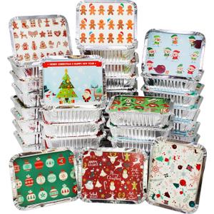 JOYIN 48 Pieces Christmas Foil Containers with Lids, 8 Holiday Designs, 8.5"x6"x2" Rectangular Treat Foil Containers, Disposable Food Storage Pan for Holiday Leftovers, Xmas Gift-Giving