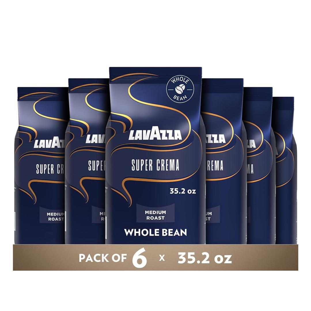Lavazza Super Crema Whole Bean Coffee, Medium Espresso Roast, Arabica and Robusta Blend, 2.2 lb Bag, (Pack of 6) (EXP 12/01/27)