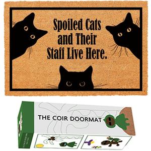 Coir Doormat Spoiled Cats and Their Staff Live Here, Small, Brown, Rustic, 23.6 x 15.7 inches