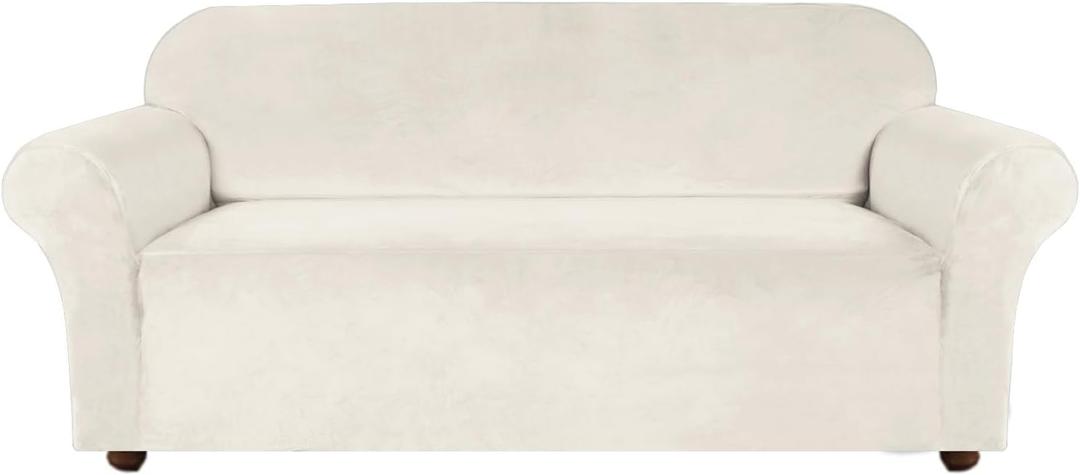 Turquoize Velvet Couch Covers Sofa Covers for 3 Cushion Couch Stretch Sofa Slipcovers with Non Slip Elastic Bottom Furniture Protector for Pets Crafted from Soft Thick Velvet Fabric (Sofa, Cream)