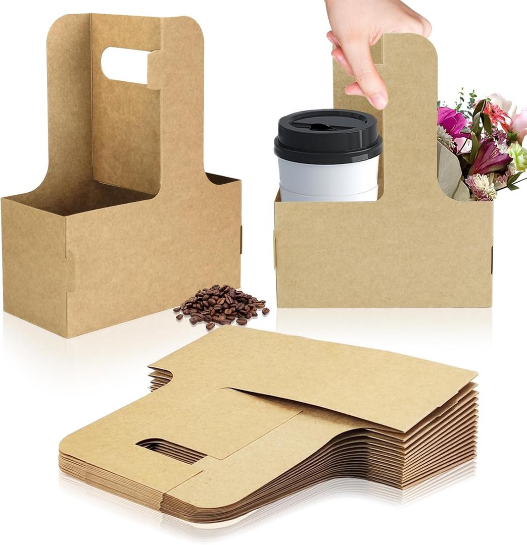 Thickened 2 Cup Disposable Drink Carrier for Delivery with Handle,15 Count Kraft Paperboard Cup Holder,Cup Carriers for Hot or Cold Drinks,Coffee Carrier, Food Delivery,Take Out Cup Carriers (Brown)