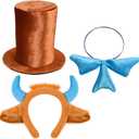 3Pcs Brown Top Hat Costume Kit Brown Stovepipe Hat Blue Bow Tie Ears and Bull Horns Headband for Halloween Cosplay Supplies
