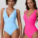 QINSEN Womens Sexy V Neck One Piece Bathing Suit Cross Back Swimsuit High Waist Monokini (XS)