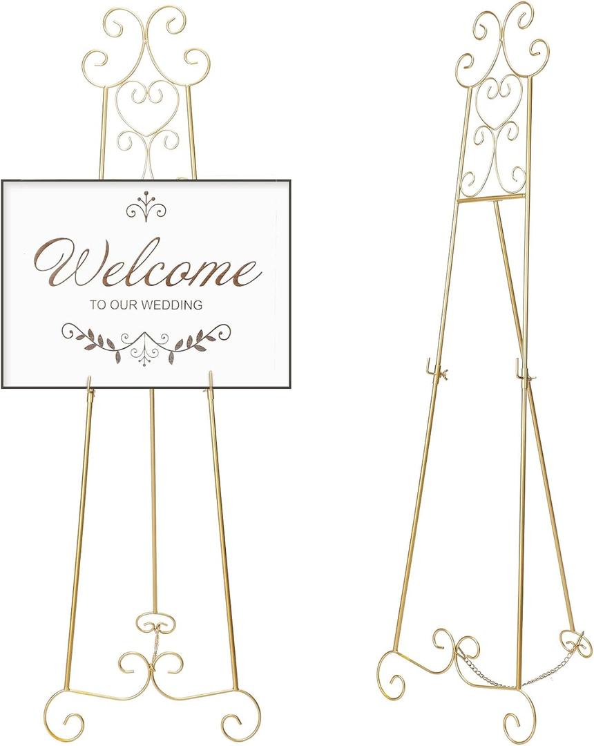 57" H Gold Metal Scroll Easel Stand for Display Wedding Sign Poster Adjustable Portable Art Easels Poster Easel with Chain Support for Showcasing Pictures Artwork Coffee Exhibition Canvas, Gold 