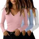 Ficerd 3 Pack Women's Long Sleeve T Shirts Cotton V Neck Slim Fit Tops Ribbed Knit Layering Casual Basic Tees Fall (Large)
