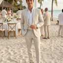 Men's Suit 3 Piece Linen Suits Slim Fit Suit Blazer Vest Pants Set Wedding Prom Tuxedos Business Casual Suit (Beige, XL)