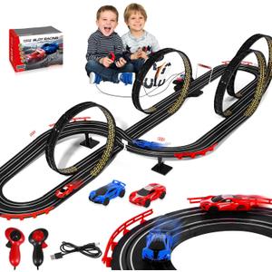 Slot Car Race Track Set for Kids Ages 6-12, Dual Racing Game with 2 High-Speed Cars, Battery or Electric Powered, Plug-in Track, 1:64 Scale Gift Toy for Boys & Girls