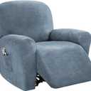 PrinceDeco Recliner Chair Cover Velvet Stretch Recliner Couch Covers 4-Pieces Style Recliner Chair Covers Recliner Cover for Reclining Chair Slipcovers Feature Non Slip Form Fitted, Stone Blue