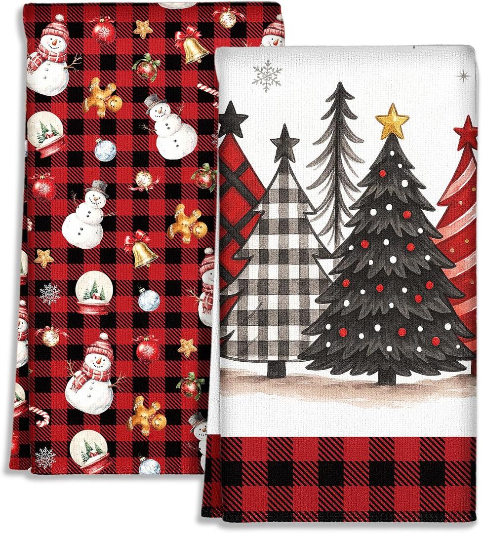Miss Adola Buffalo Plaid Christmas Kitchen Towels - Christmas Theme 18x26 Inch Absorbent 2pcs Microfiber Dish Towels, Cute Holiday Designs with Xmas Tree for Decoration, Gifting, Housewarming